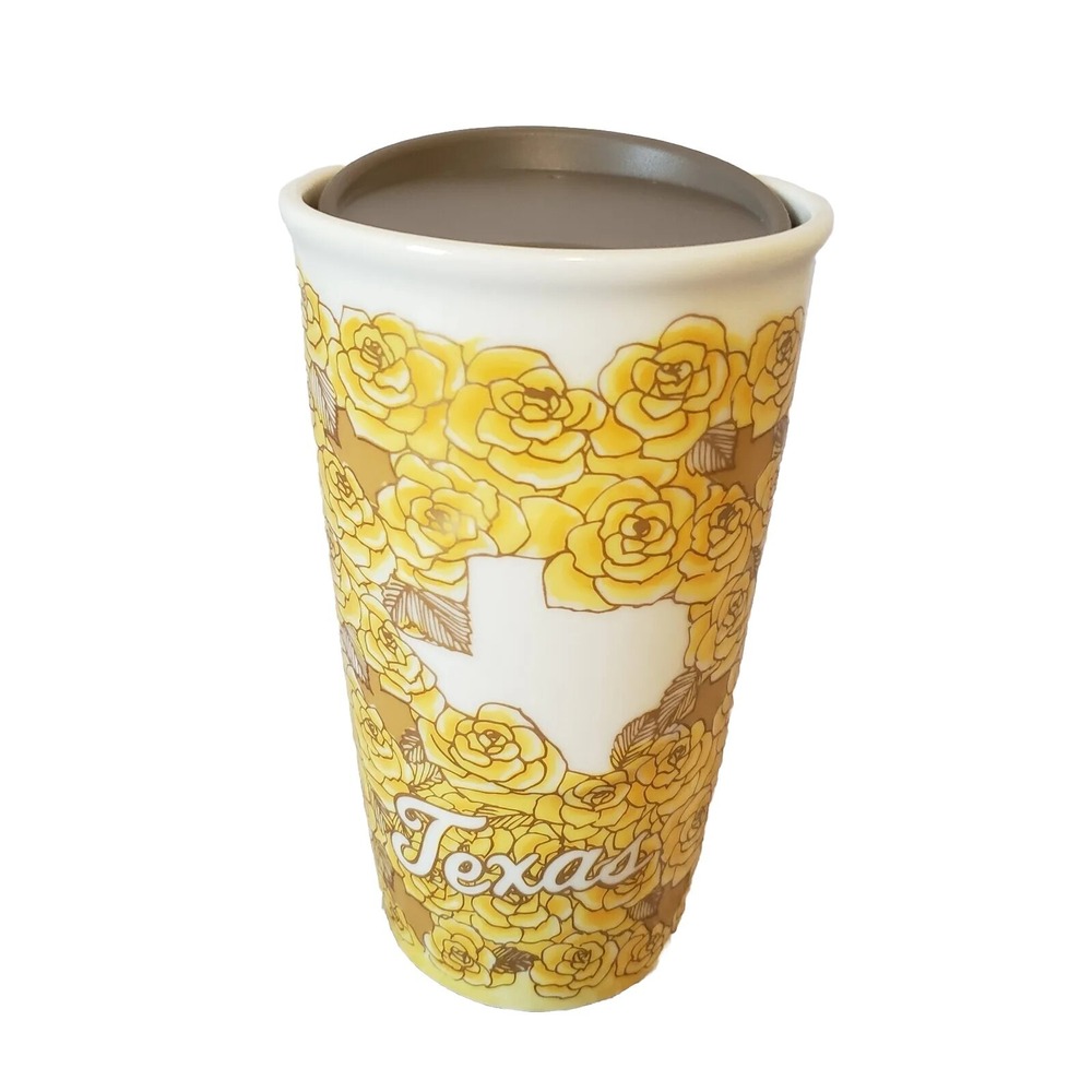 Starbucks Yellow Rose Of Texas Travel 10 Oz Tumbler Ceramic With Lid 2016